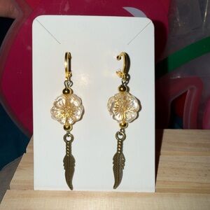 Gold tone Floral Drop Feather Earrings